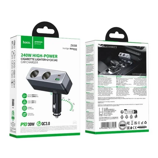 Nabíjačka do auta Hoco 1xUSB-A + 1xUSB-C + 2x zásuvka autozapaľovača PD QC3.0 max 240W/24V Z65B čierna - 5