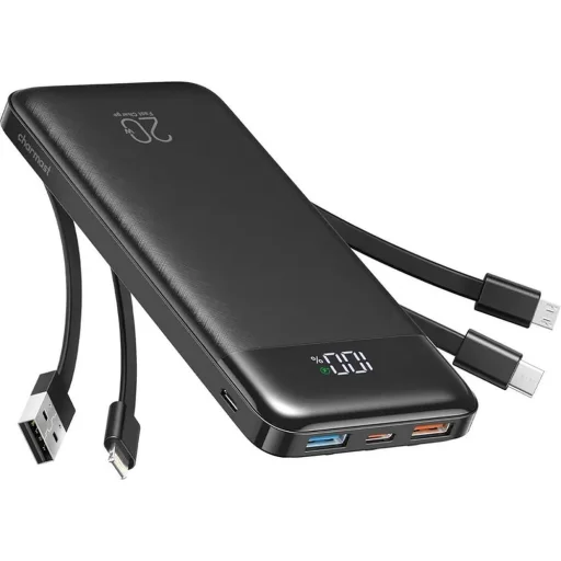 Charmast W1148 Powerbank 5V 3A 10000 mAh so zabudovanými káblami USB A / USB C / Lightning / Micro USB čierna - 1