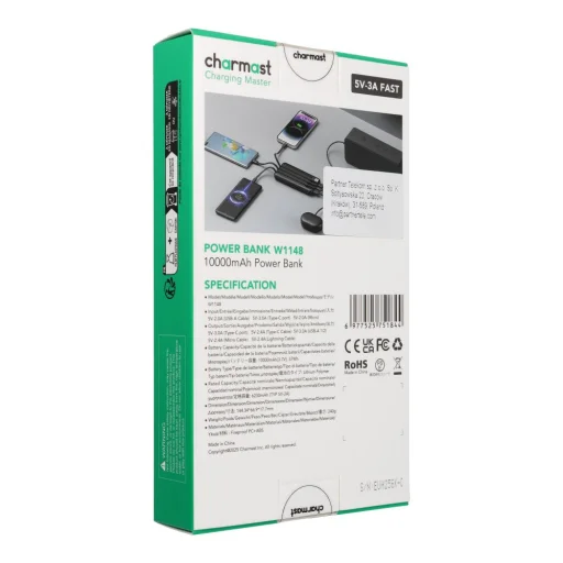 Charmast W1148 Powerbank 5V 3A 10000 mAh so zabudovanými káblami USB A / USB C / Lightning / Micro USB čierna - 3