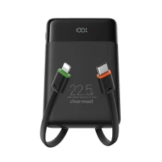 Charmast W1202 PD3.0 3A 22,5W 10000 mAh powerbanka so zabudovanými káblami USB C / Lightning čierna