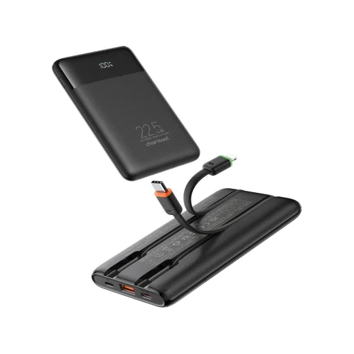 Charmast W1202 PD3.0 3A 22,5W 10000 mAh powerbanka so zabudovanými káblami USB C / Lightning čierna - 2