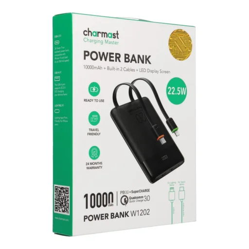 Charmast W1202 PD3.0 3A 22,5W 10000 mAh powerbanka so zabudovanými káblami USB C / Lightning čierna - 3