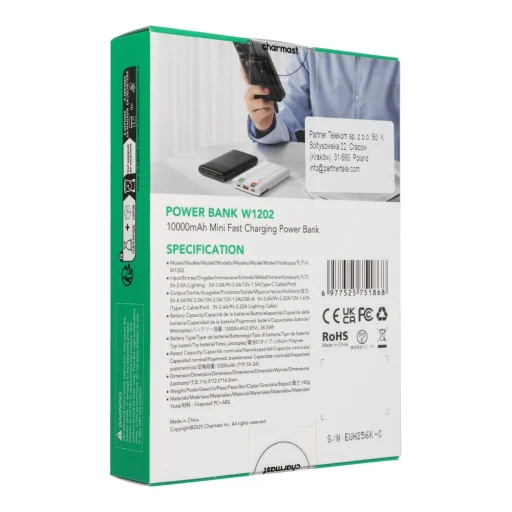 Charmast W1202 PD3.0 3A 22,5W 10000 mAh powerbanka so zabudovanými káblami USB C / Lightning čierna - 4