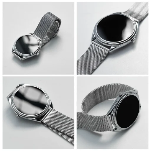 Titmo O-170 smart hodinky (AMOLED, Bluetooth hovory, strieborný sieťovaný remienok z nehrdzavejúcej ocele) strieborné - 12