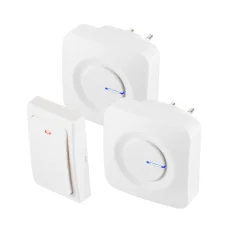 HOME DBKS1001AC bezdrôtová súprava zvončeka bez batérií, 1x tlačidlo + 2x zvonček, dosah 100 m, 36 melódií, nastaviteľná hlasitosť, IP44, svetelná signalizácia, kinetické tlačidlo