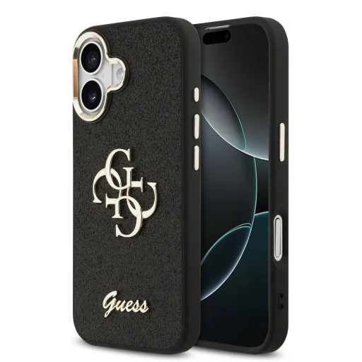Guess PU Fixed Glitter 4G Metal Frame puzdro pre iPhone 17 čierne - 1