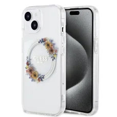 Guess PC/TPU Flowers Ring Glossy Logo MagSafe puzdro pre iPhone 15 Plus priehľadné