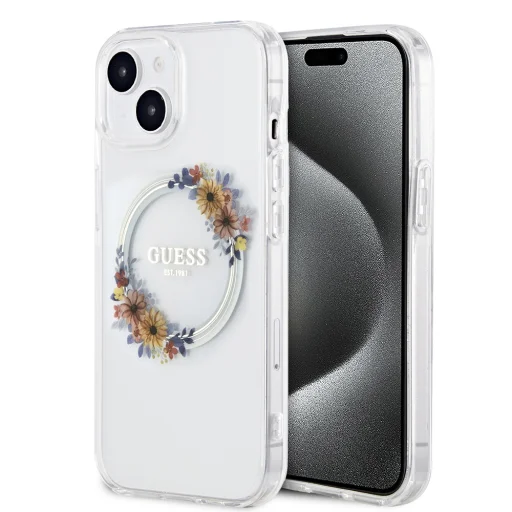 Guess PC/TPU Flowers Ring Glossy Logo MagSafe puzdro pre iPhone 15 Plus priehľadné - 1