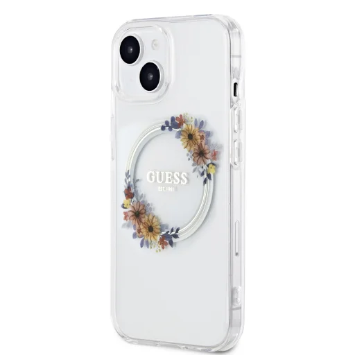 Guess PC/TPU Flowers Ring Glossy Logo MagSafe puzdro pre iPhone 15 Plus priehľadné - 2