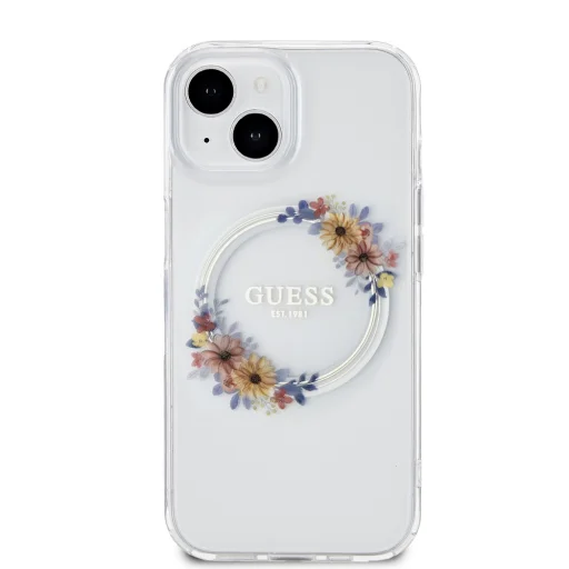 Guess PC/TPU Flowers Ring Glossy Logo MagSafe puzdro pre iPhone 15 Plus priehľadné - 3