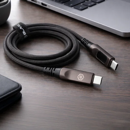 Blavec kábel Lumix opletaný - Type-C - PD 100W 5A LED displej 1,2 metra Apple CarPlay/Android Auto (CLU-CC5BG12) čierno-sivý - 3