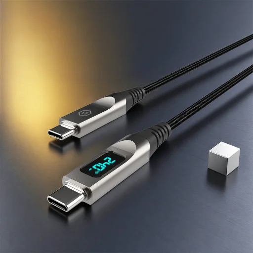 Blavec Lumix pletený flipový obal - Type-C na Type-C - PD 240W 5A LED displej 1,2 metra Apple CarPlay/Android Auto (CLU-CC5BG12) čierno-sivý, - 4