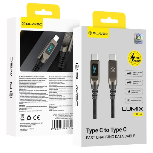 Blavec Lumix pletený flipový obal - Type-C na Type-C - PD 240W 5A LED displej 1,2 metra Apple CarPlay/Android Auto (CLU-CC5BG12) čierno-sivý, - 1
