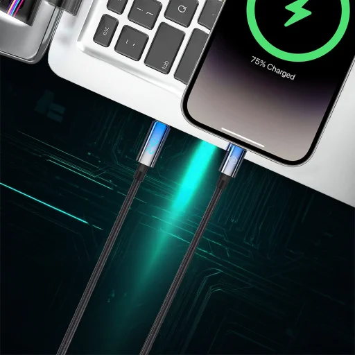 Blavec Velox opletaný kábel - Type-C - Type-C - PD 240W 5A LED displej 1,2 metra Apple CarPlay/Android Auto (CVE-CC5B12) čierno-modrý - 4