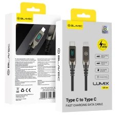 Blavec kábel Lumix opletaný - Type-C - PD 100W 5A LED displej 1,2 metra Apple CarPlay/Android Auto (CLU-CC5BG12) čierno-sivý