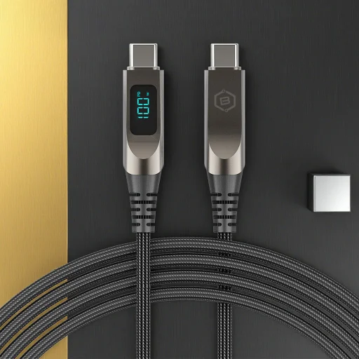 Blavec kábel Lumix opletaný - Type-C - PD 100W 5A LED displej 1,2 metra Apple CarPlay/Android Auto (CLU-CC5BG12) čierno-sivý - 6