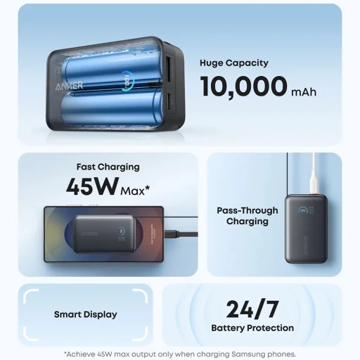 Anker - Power Bank Nano (A1638H11) - Beépített Type-C Visszahúzható Kábel, 10000mAh, 45W, Samsung Gyors Töltés 2.0, LED - Fekete - 3