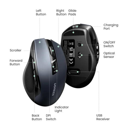 Bezdrôtová myš UGREEN MU006S (85082), 4000DPI, BT / Wi-Fi, sivá - 3