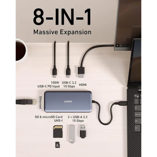 USB-C Hub Anker 555, 2 x USB-A 3.2 - 2 x USB-C - 1 x HDMI - 1 x RJ45 - 1 x SD - 1 x microSD, Sivý - 2