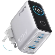 Sieťová nabíjačka Anker Smart Display, 100W, 5A, 1 x USB-A - 2 x USB-C, s USB-C káblom, strieborná B121BG41