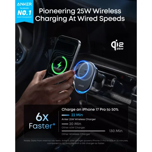 Anker Prime MagGo AirCool bezdrôtová nabíjačka do auta, 25W, čierna (B2933H11) - 2