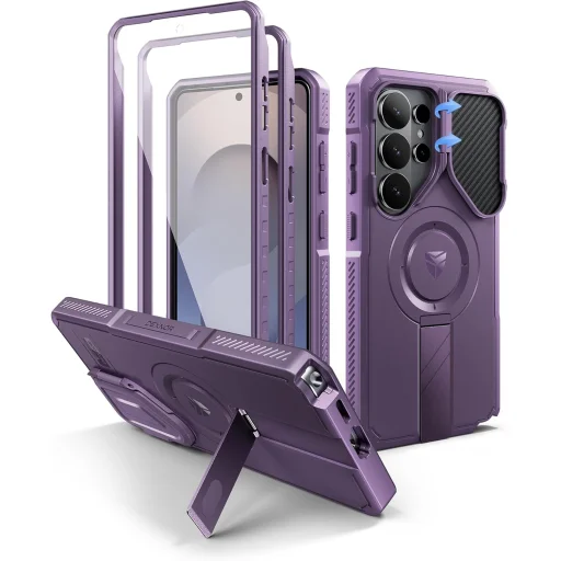 Samsung Galaxy S26 Ultra Dexnor 360-stupňové puzdro, ochrana fotoaparátu, stojan, fialové, nárazuvzdorné - 1