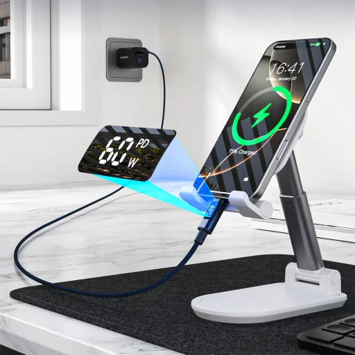 PD60W USB-C na USB-C nylonový kábel s digitálnym displejom 1.2m - modrý - 5