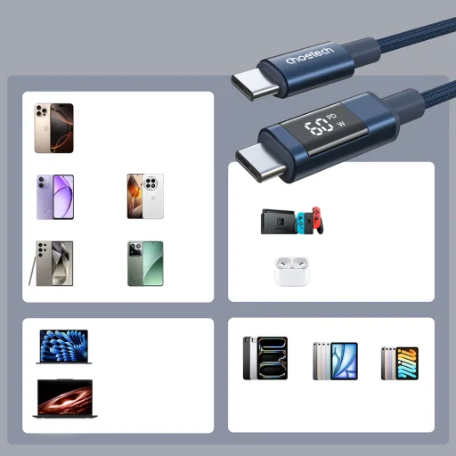 PD60W USB-C na USB-C nylonový kábel s digitálnym displejom 1.2m - modrý - 6