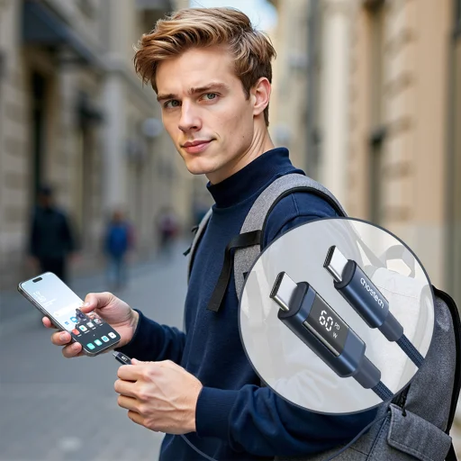 PD60W USB-C na USB-C nylonový kábel s digitálnym displejom 1.2m - modrý - 9