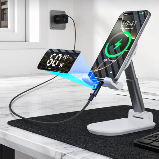 PD60W USB-C na USB-C kábel s digitálnym displejom 1,2m nylonový - čierny - 5