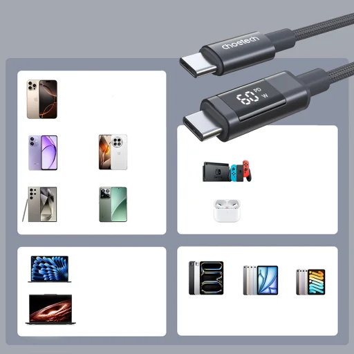 PD60W USB-C na USB-C kábel s digitálnym displejom 1,2m nylonový - čierny - 6