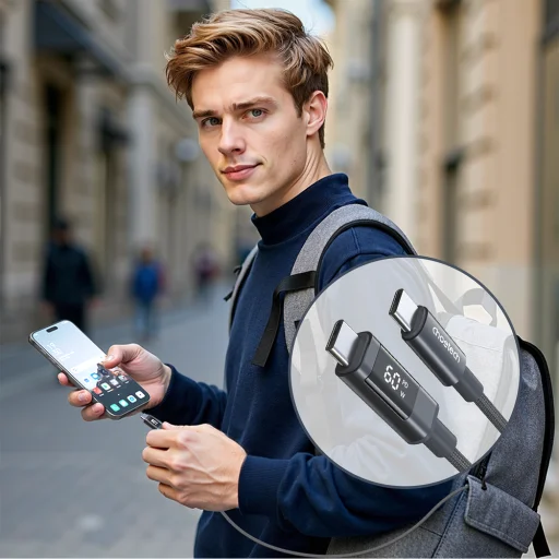 PD60W USB-C na USB-C kábel s digitálnym displejom 1,2m nylonový - čierny - 9