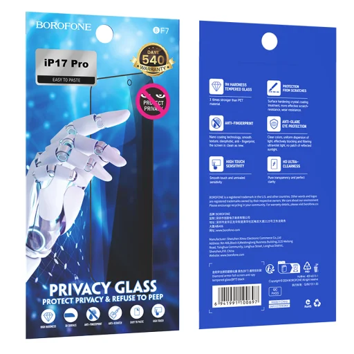 Borofone tvrdené sklo BF7 Diamond Armor Full Screen Anti-spy pre iPhone 17 Pro - 10 kusov - 9