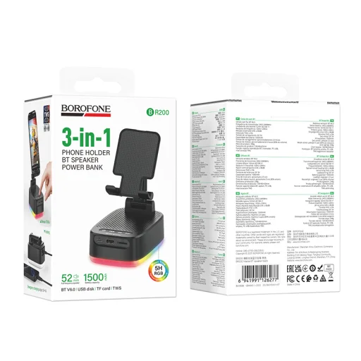 Borofone prenosný Bluetooth reproduktor BR200 Marea 3 v 1 s držiakom na telefón a 1500mAh powerbankou, čierny - 8
