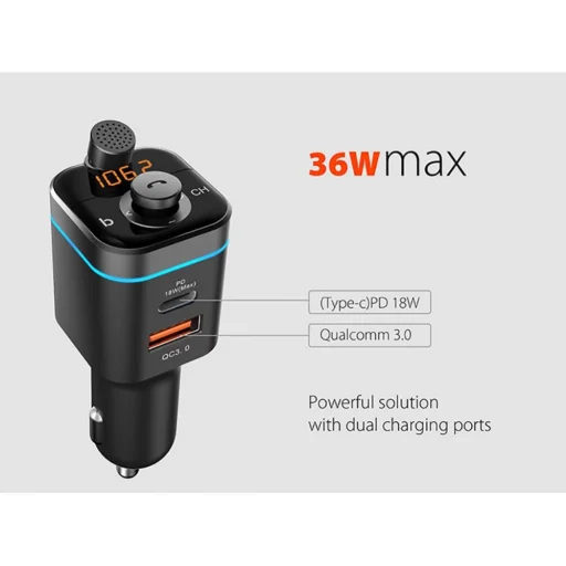 Tech-Protect C72 Pro 2xUSB Autós Töltő + FM Transmiter Fekete - 6