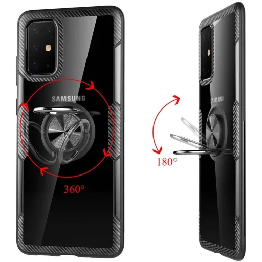 Samsung A71 Clear Carbon szénszál mintás tok gyűrű támasszal fekete - 7