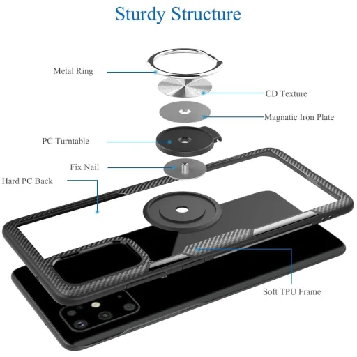 Samsung A71 Clear Carbon szénszál mintás tok gyűrű támasszal fekete - 3