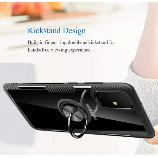 Samsung A71 Clear Carbon szénszál mintás tok gyűrű támasszal fekete - 4