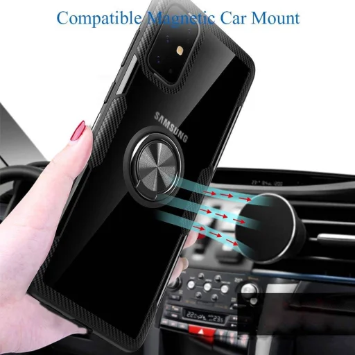 Samsung A71 Clear Carbon szénszál mintás tok gyűrű támasszal fekete - 5