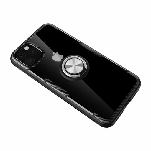 Clear Carbon szénszál mintás tok gyűrű támasszal iPhone 11 fekete - 2