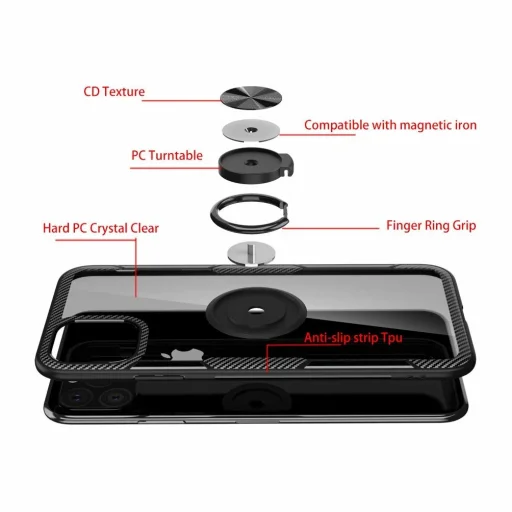 Clear Carbon szénszál mintás tok gyűrű támasszal iPhone 11 fekete - 5