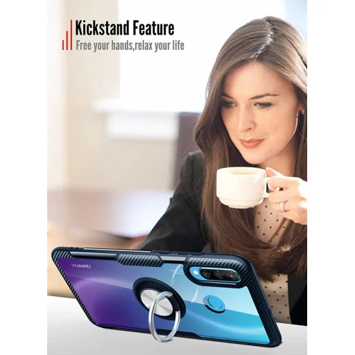 Huawei P30 Lite Clear Carbon szénszál mintás tok gyűrű támasszal fekete - 4