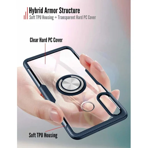 Huawei P30 Lite Clear Carbon szénszál mintás tok gyűrű támasszal fekete - 6