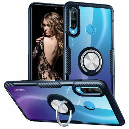 Huawei P30 Lite Clear Carbon szénszál mintás tok gyűrű támasszal fekete - 1