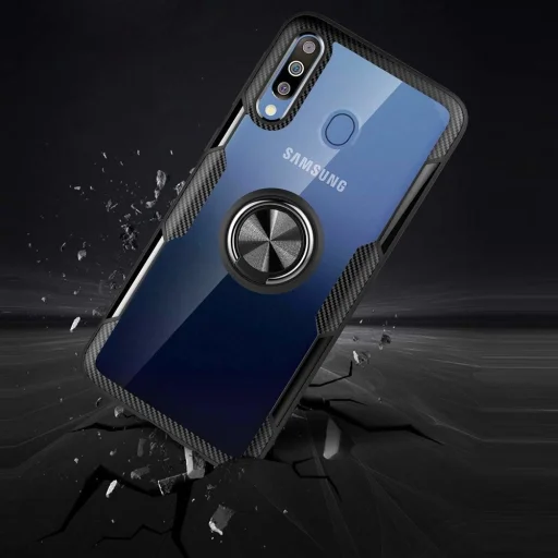 Samsung A70 Clear Carbon szénszál mintás tok gyűrű támasszal fekete - 8