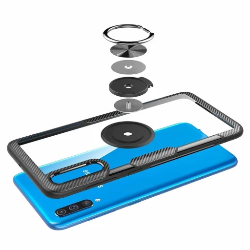 Samsung A70 Clear Carbon szénszál mintás tok gyűrű támasszal fekete - 7