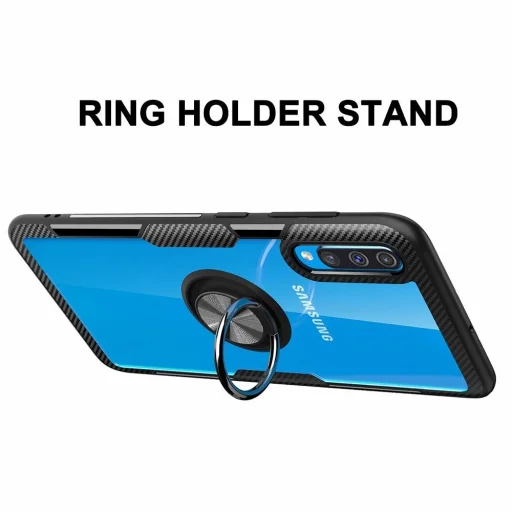 Samsung A70 Clear Carbon szénszál mintás tok gyűrű támasszal fekete - 9