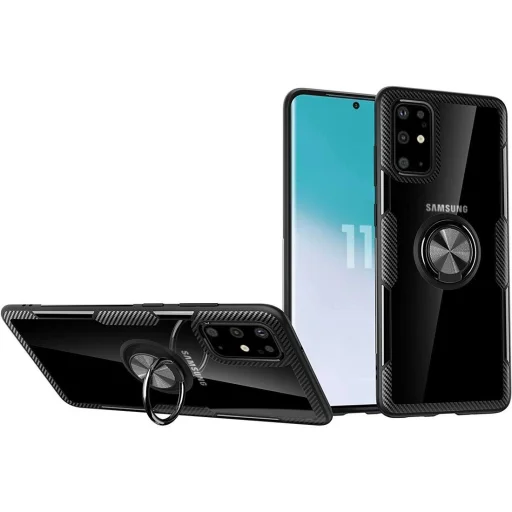 Samsung A51 Clear Carbon szénszál mintás tok gyűrű támasszal fekete - 2