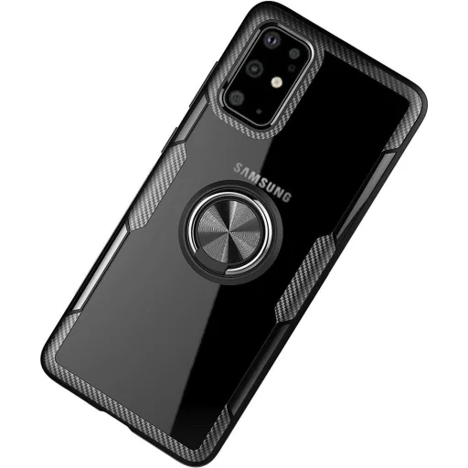 Samsung A51 Clear Carbon szénszál mintás tok gyűrű támasszal fekete - 7