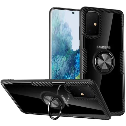 Samsung A51 Clear Carbon szénszál mintás tok gyűrű támasszal fekete - 1